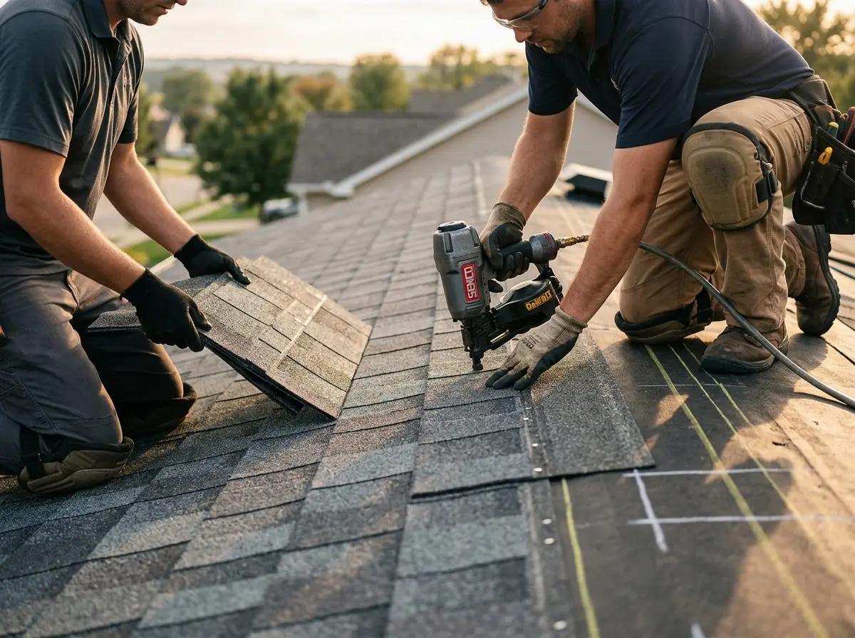 Professional roofer working on a residential roof in Buckhead